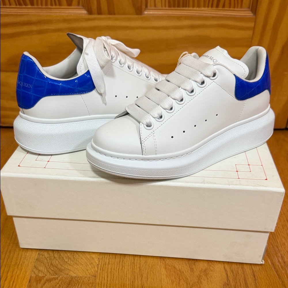 Alexander McQueen White Sneakers Embossed Blue Leather Size 36